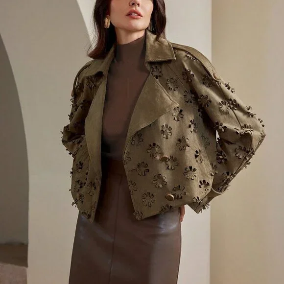 Khaki Casual Women's Collar 3d Laser Floral Embossed Jacket Coat - Picture 5 of 8